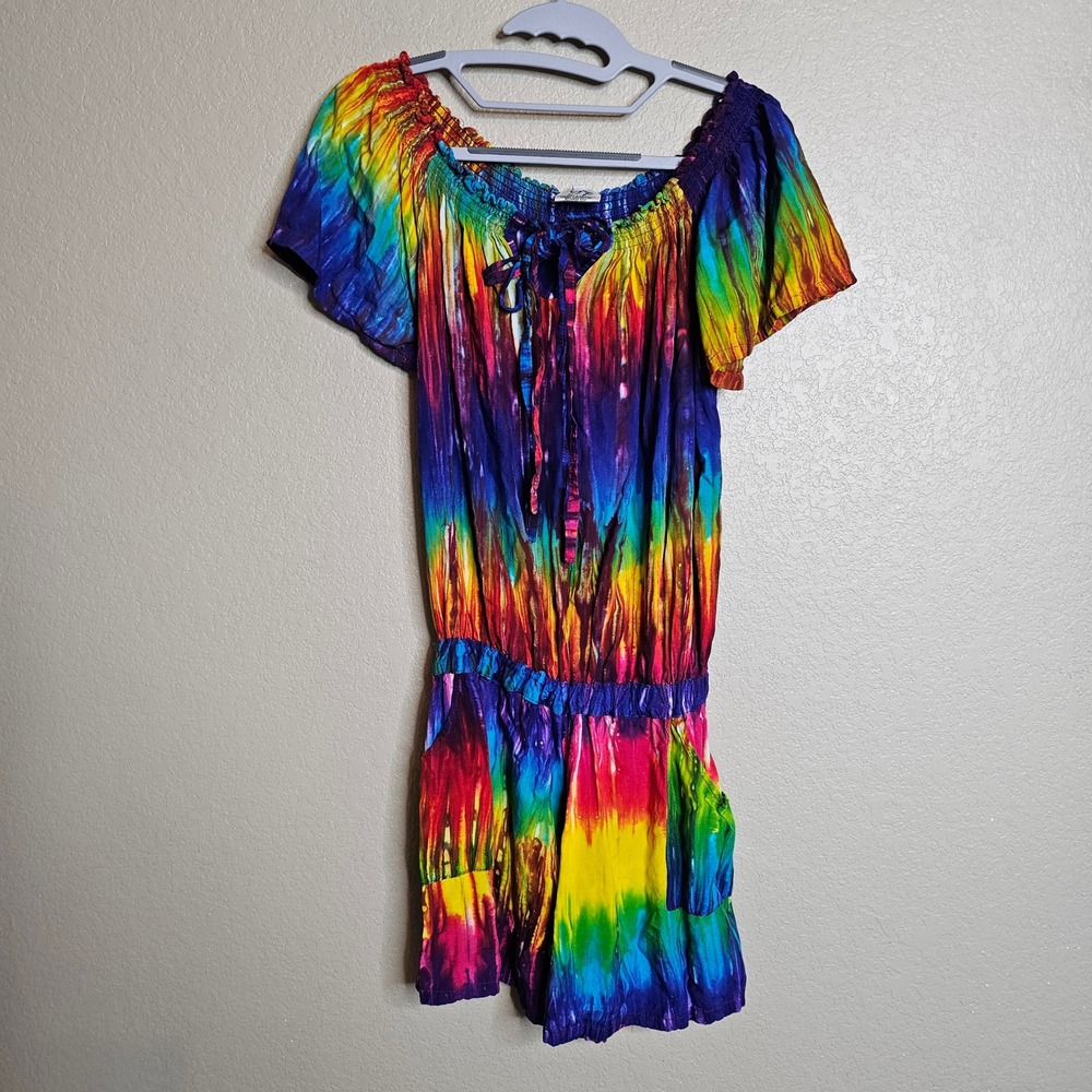 Young Fashion Tie Dye Romper Rainbow Off Shoulder Smocked Rayon Summer Festival